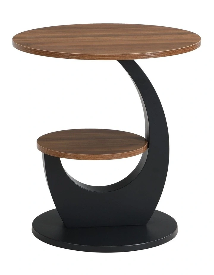 Set of 2 2 Tier Round Side Table with Brown Woodgrain Top, 2 Piece Black Curved Base and Lower Shelf image 5