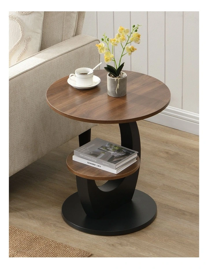 Set of 2 2 Tier Round Side Table with Brown Woodgrain Top, 2 Piece Black Curved Base and Lower Shelf image 6