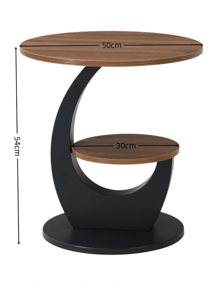 Set of 2 2 Tier Round Side Table with Brown Woodgrain Top, 2 Piece Black Curved Base and Lower Shelf image 7