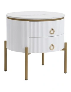 Round Bedside Table with 2 Drawers, White Fluted Nightstand with Marble-Look MDF Top
