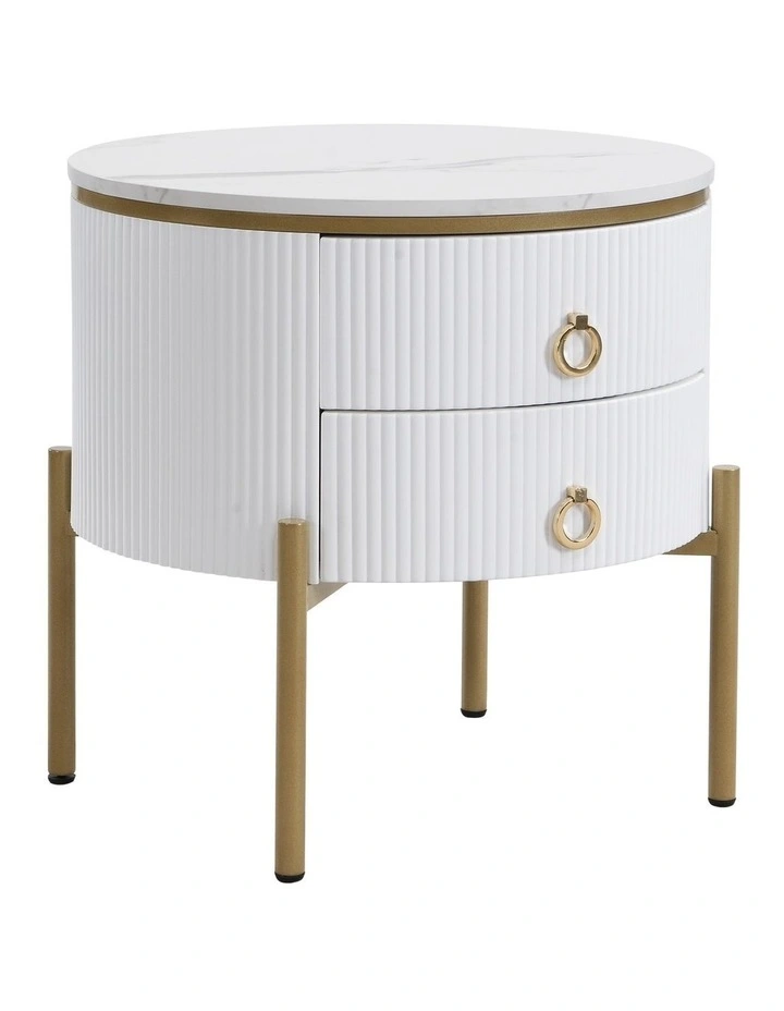 Round Bedside Table with 2 Drawers, White Fluted Nightstand with Marble-Look MDF Top image 1