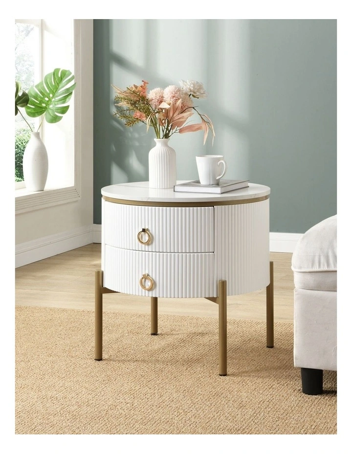Round Bedside Table with 2 Drawers, White Fluted Nightstand with Marble-Look MDF Top image 2