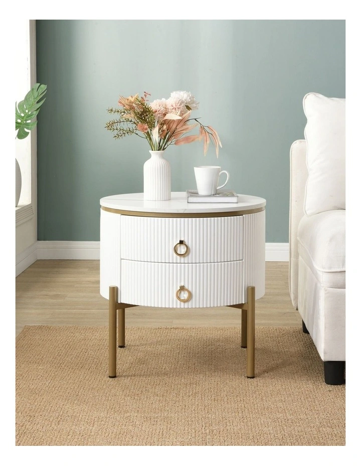 Round Bedside Table with 2 Drawers, White Fluted Nightstand with Marble-Look MDF Top image 3