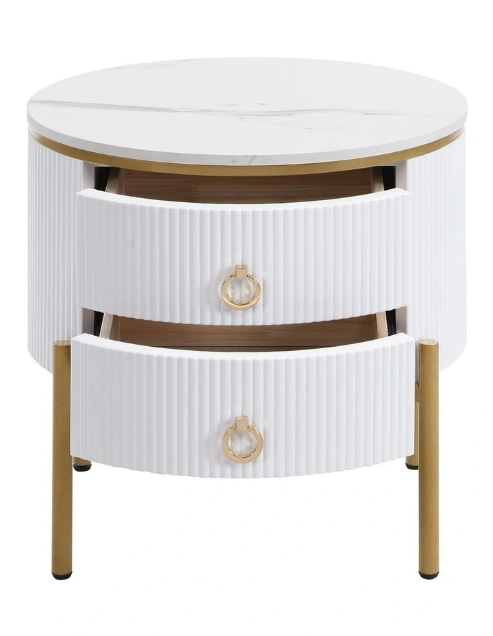 Round Bedside Table with 2 Drawers, White Fluted Nightstand with Marble-Look MDF Top image 4