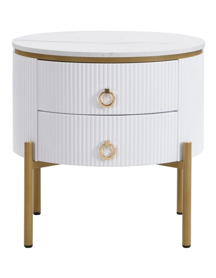 Round Bedside Table with 2 Drawers, White Fluted Nightstand with Marble-Look MDF Top image 5