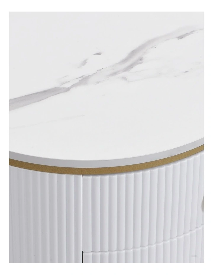 Round Bedside Table with 2 Drawers, White Fluted Nightstand with Marble-Look MDF Top image 6