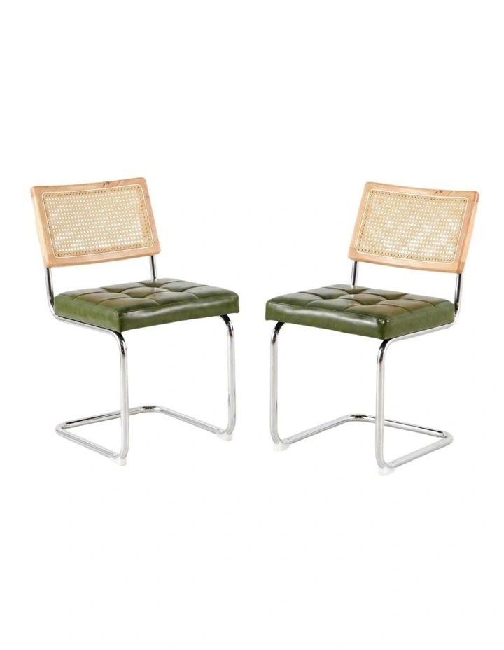 Rattan Cane Back Dining Chair, Tufted Upholstered Dining Chair with Chrome Cantilever Frame, Green image 1