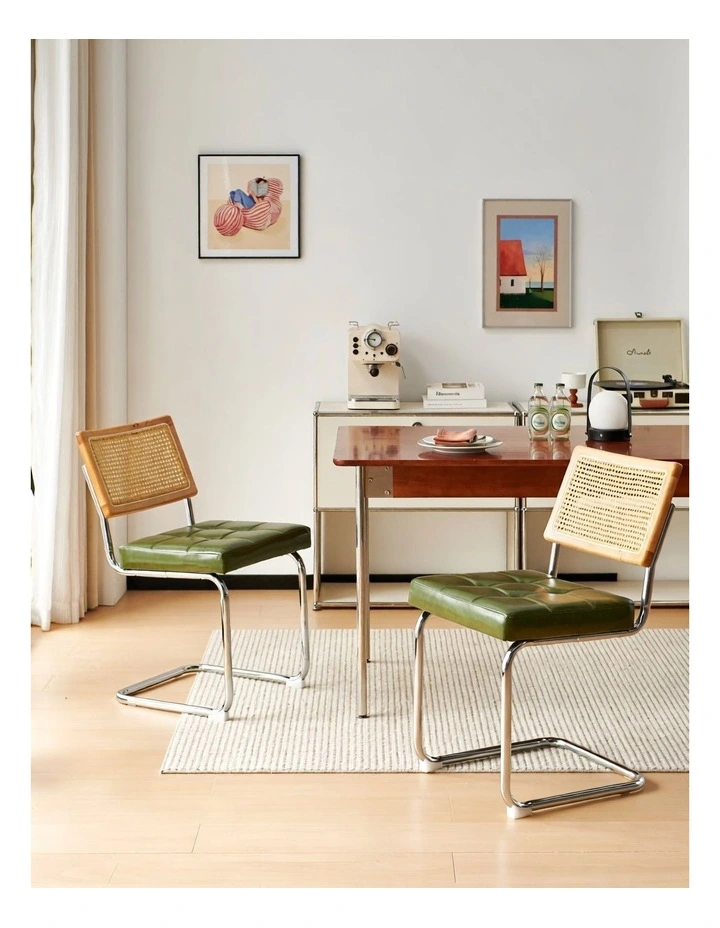 Rattan Cane Back Dining Chair, Tufted Upholstered Dining Chair with Chrome Cantilever Frame, Green image 2