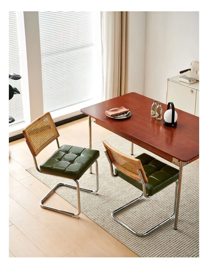 Rattan Cane Back Dining Chair, Tufted Upholstered Dining Chair with Chrome Cantilever Frame, Green image 3