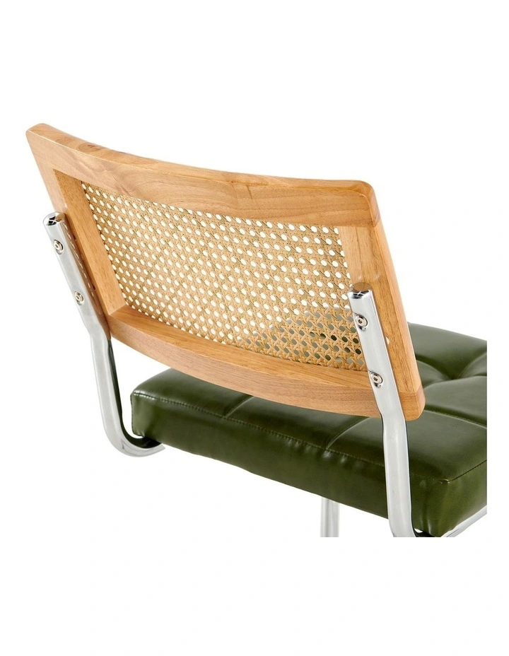 Rattan Cane Back Dining Chair, Tufted Upholstered Dining Chair with Chrome Cantilever Frame, Green image 4