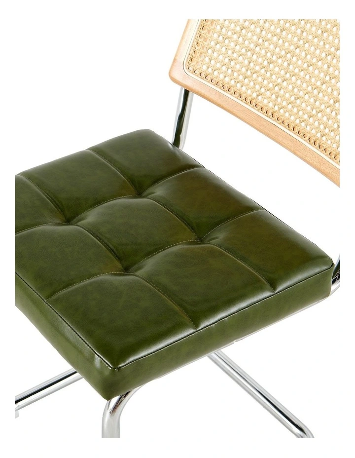 Rattan Cane Back Dining Chair, Tufted Upholstered Dining Chair with Chrome Cantilever Frame, Green image 5