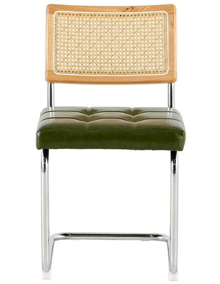 Rattan Cane Back Dining Chair, Tufted Upholstered Dining Chair with Chrome Cantilever Frame, Green image 6