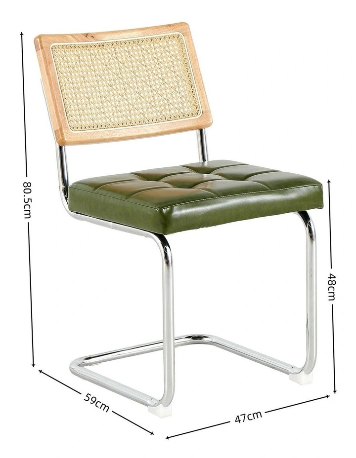 Rattan Cane Back Dining Chair, Tufted Upholstered Dining Chair with Chrome Cantilever Frame, Green image 7