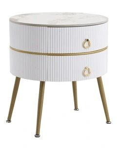 Round Bedside Table with 2 Drawers, Mid-Century Modern End Table with Sintered Stone Top