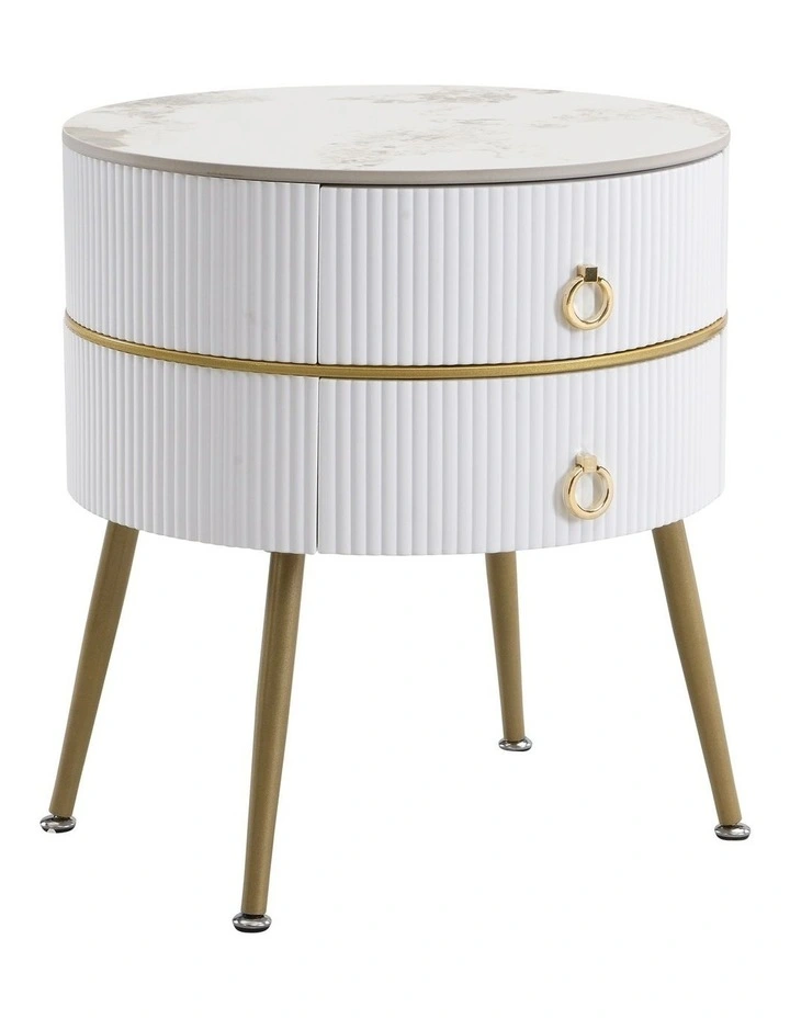 Round Bedside Table with 2 Drawers, Mid-Century Modern End Table with Sintered Stone Top image 1