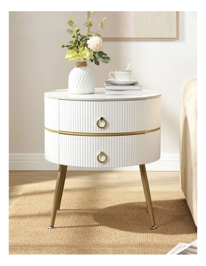 Round Bedside Table with 2 Drawers, Mid-Century Modern End Table with Sintered Stone Top image 2