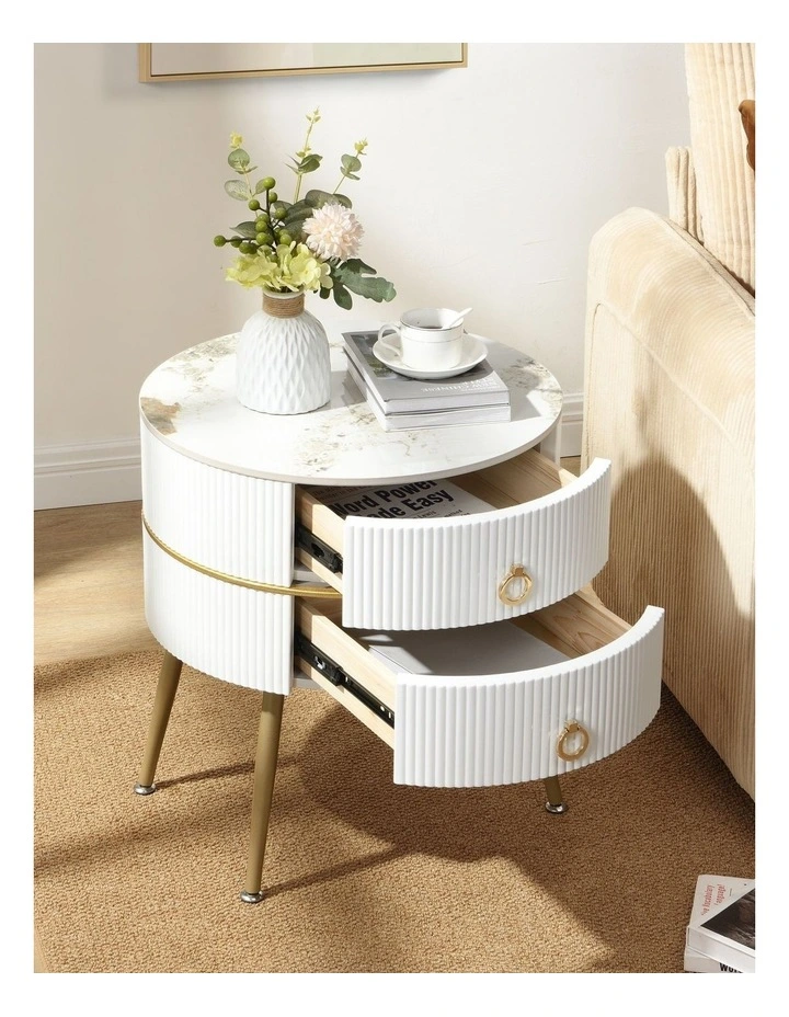 Round Bedside Table with 2 Drawers, Mid-Century Modern End Table with Sintered Stone Top image 3