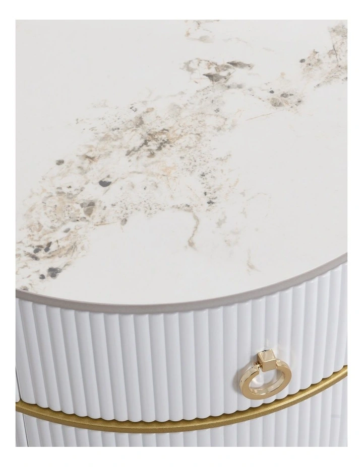 Round Bedside Table with 2 Drawers, Mid-Century Modern End Table with Sintered Stone Top image 4