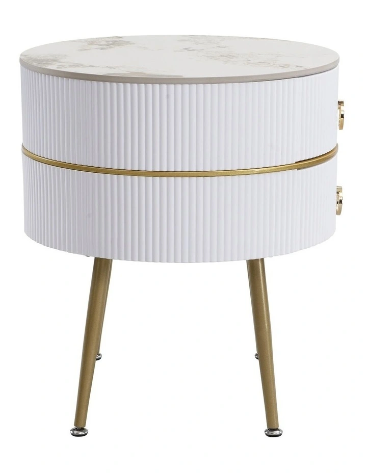 Round Bedside Table with 2 Drawers, Mid-Century Modern End Table with Sintered Stone Top image 7