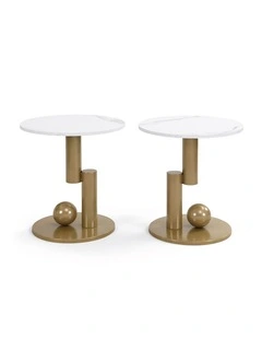 Set of 2 Round Side Table with Marble-Look Top, Modern End Table for Living Room and Bedroom