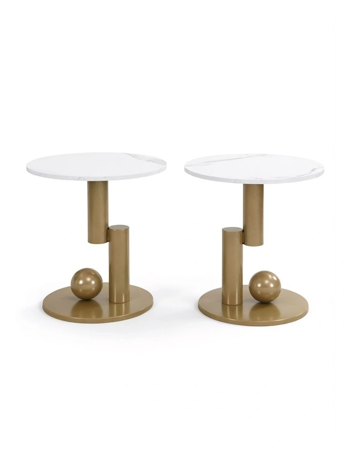 Set of 2 Round Side Table with Marble-Look Top, Modern End Table for Living Room and Bedroom image 1