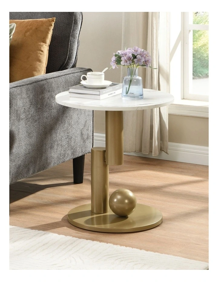 Set of 2 Round Side Table with Marble-Look Top, Modern End Table for Living Room and Bedroom image 2