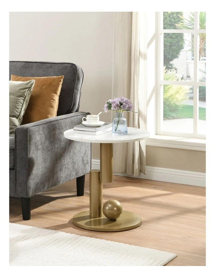 Set of 2 Round Side Table with Marble-Look Top, Modern End Table for Living Room and Bedroom image 6