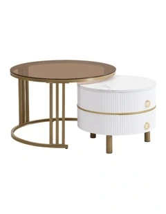 2 Piece Round Nesting Coffee Table Set, Brown-Tinted Top Coffee Table with White Fluted Side Table