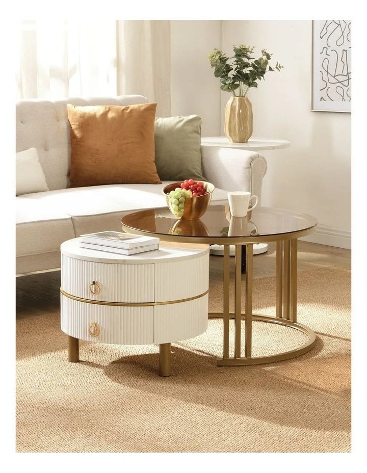 2 Piece Round Nesting Coffee Table Set, Brown-Tinted Top Coffee Table with White Fluted Side Table image 2