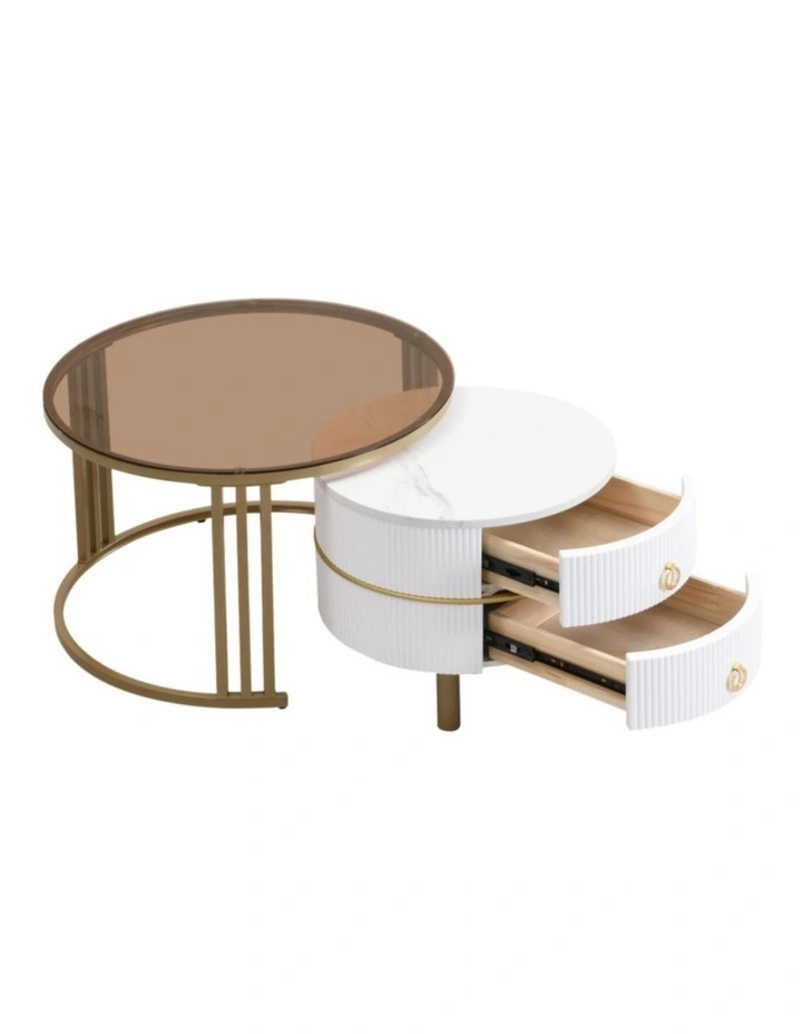 2 Piece Round Nesting Coffee Table Set, Brown-Tinted Top Coffee Table with White Fluted Side Table image 3