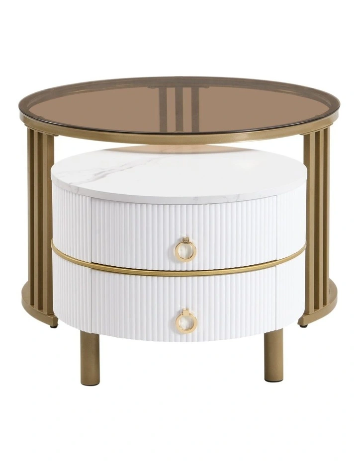 2 Piece Round Nesting Coffee Table Set, Brown-Tinted Top Coffee Table with White Fluted Side Table image 4