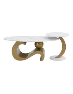 Set of 2 Coffee Table&Round End Table , Oval Coffee Table with Golden Base, Marble-Look Tabletop