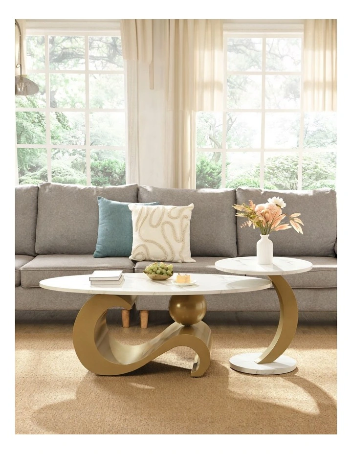 Set of 2 Coffee Table&Round End Table , Oval Coffee Table with Golden Base, Marble-Look Tabletop image 2