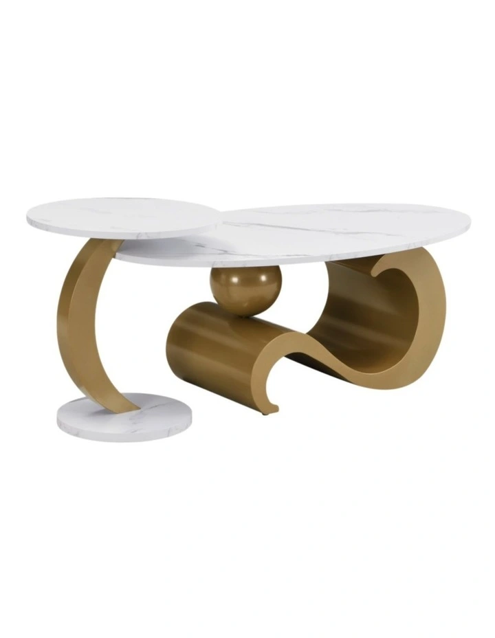Set of 2 Coffee Table&Round End Table , Oval Coffee Table with Golden Base, Marble-Look Tabletop image 3