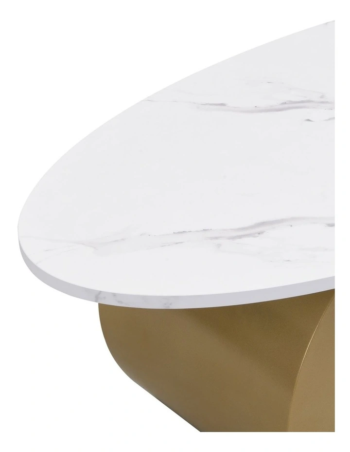 Set of 2 Coffee Table&Round End Table , Oval Coffee Table with Golden Base, Marble-Look Tabletop image 4