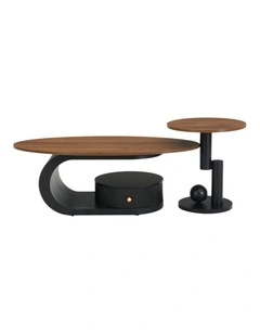 Set of 2 Coffee Table&Side Table , Oval Coffee Table with Drawer & Open Shelf, Round Side Table