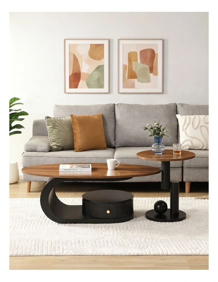 Set of 2 Coffee Table&Side Table , Oval Coffee Table with Drawer & Open Shelf, Round Side Table image 2