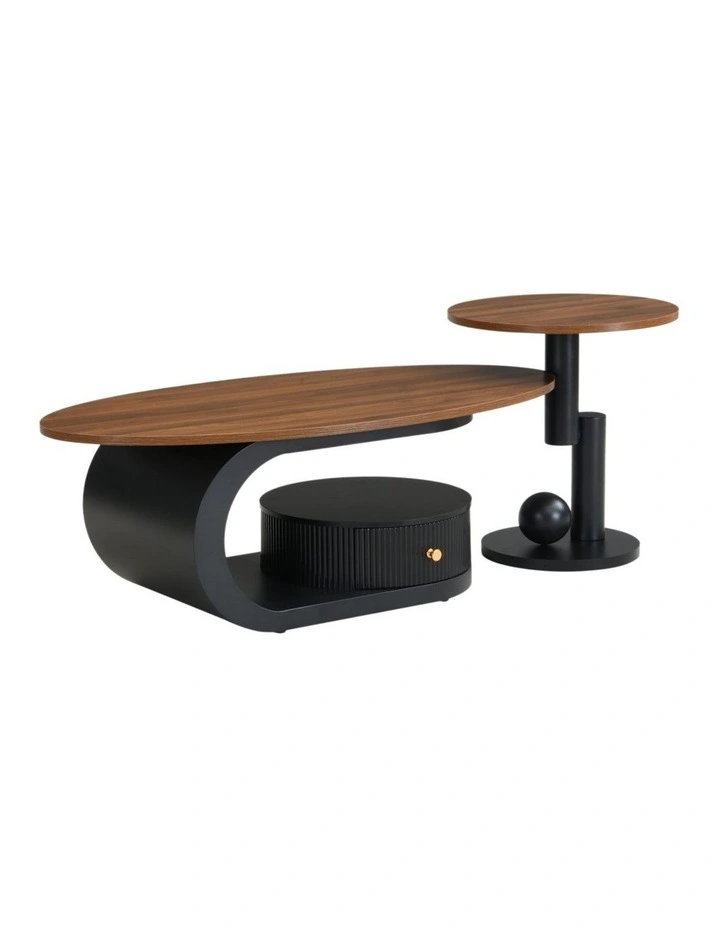Set of 2 Coffee Table&Side Table , Oval Coffee Table with Drawer & Open Shelf, Round Side Table image 3