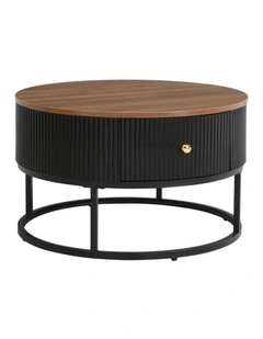 Round Coffee Table with Storage Drawer, 70cm  Coffee Table with Brown Woodgrain Top