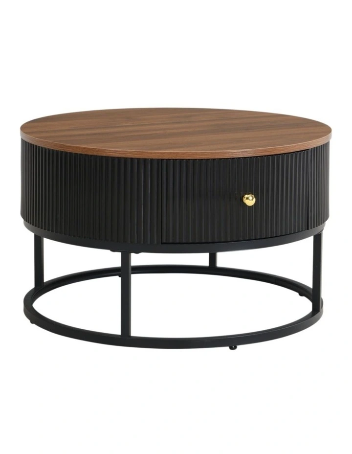 Round Coffee Table with Storage Drawer, 70cm  Coffee Table with Brown Woodgrain Top image 1