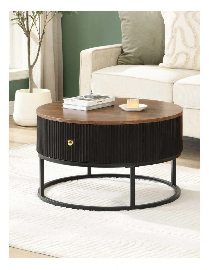Round Coffee Table with Storage Drawer, 70cm  Coffee Table with Brown Woodgrain Top image 2