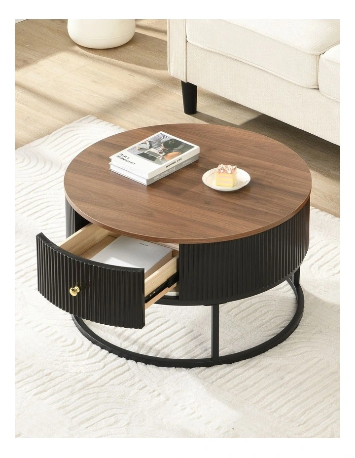 Round Coffee Table with Storage Drawer, 70cm  Coffee Table with Brown Woodgrain Top image 3