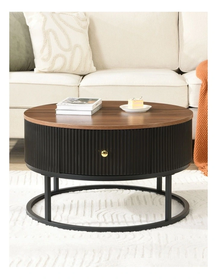 Round Coffee Table with Storage Drawer, 70cm  Coffee Table with Brown Woodgrain Top image 4
