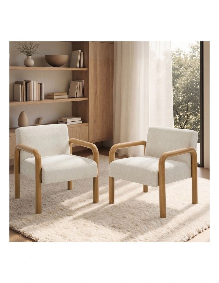 Oikiture 2x Armchair Fabric Accent Chair Lounge Sofa Beige Timber Look Legs image 4