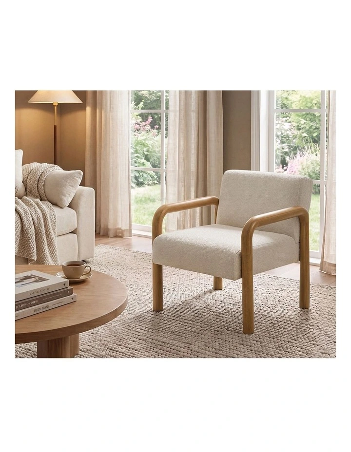 Oikiture Armchair Fabric Accent Chair Lounge Sofa Beige Timber Look Legs image 5