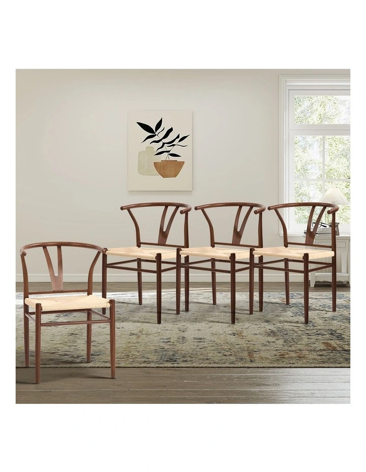Oikiture 4x Dining Chair Metal Hans Wegner Chair Wishbone Cafe Lounge Walnut image 4