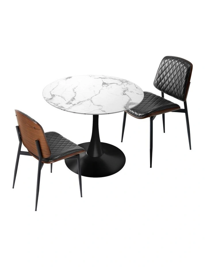 Oikiture Dining Table Set 60cm Round Dining Table and Chairs PU Leather White&Black image 2