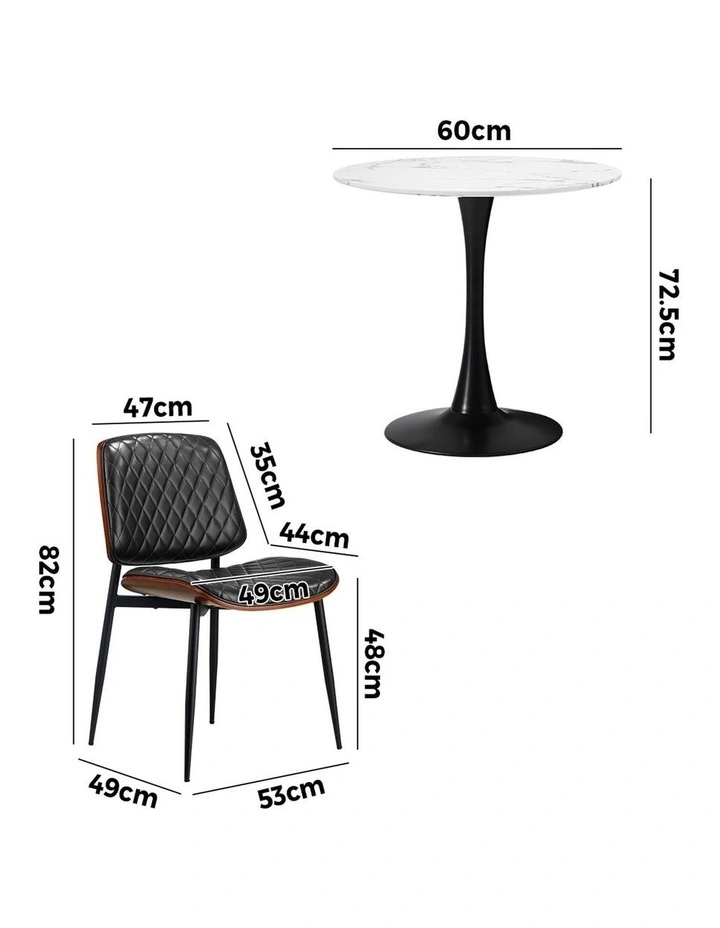 Oikiture Dining Table Set 60cm Round Dining Table and Chairs PU Leather White&Black image 3