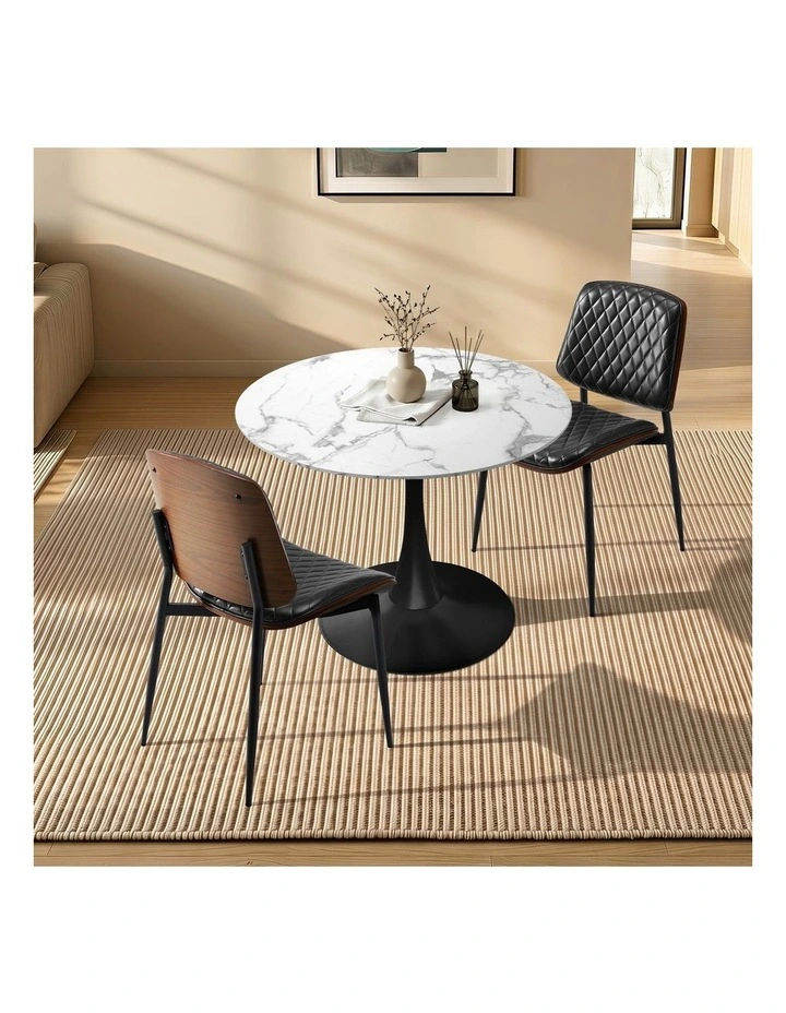 Oikiture Dining Table Set 60cm Round Dining Table and Chairs PU Leather White&Black image 4