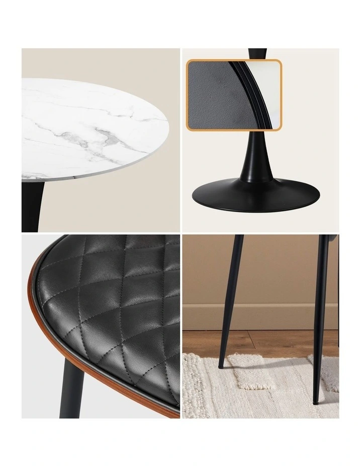 Oikiture Dining Table Set 60cm Round Dining Table and Chairs PU Leather White&Black image 6